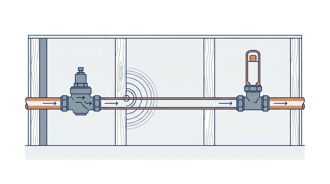 Water hammer in a Sydney home shown as a pressure surge inside a copper pipe with a pressure limiting valve and water hammer arrestor fitted