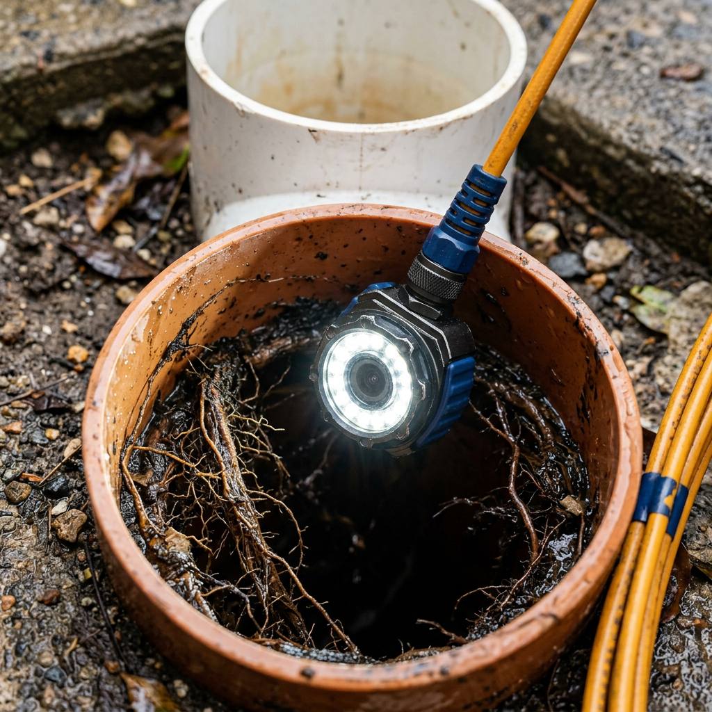CCTV drain camera lowered into a Sydney sewer access pit showing tree roots inside the pipe wall