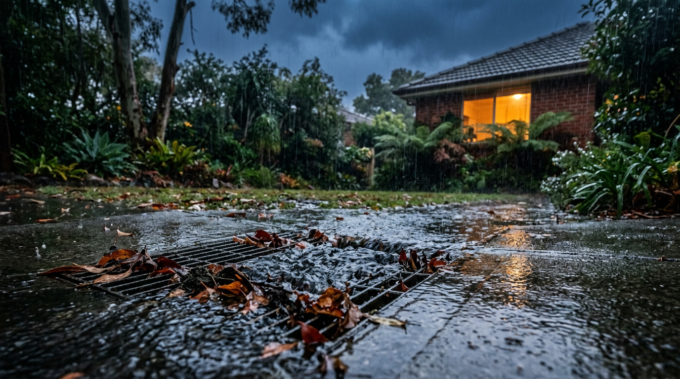 Overflowing stormwater drain grate in a Sydney suburban backyard during heavy winter rain at dusk
