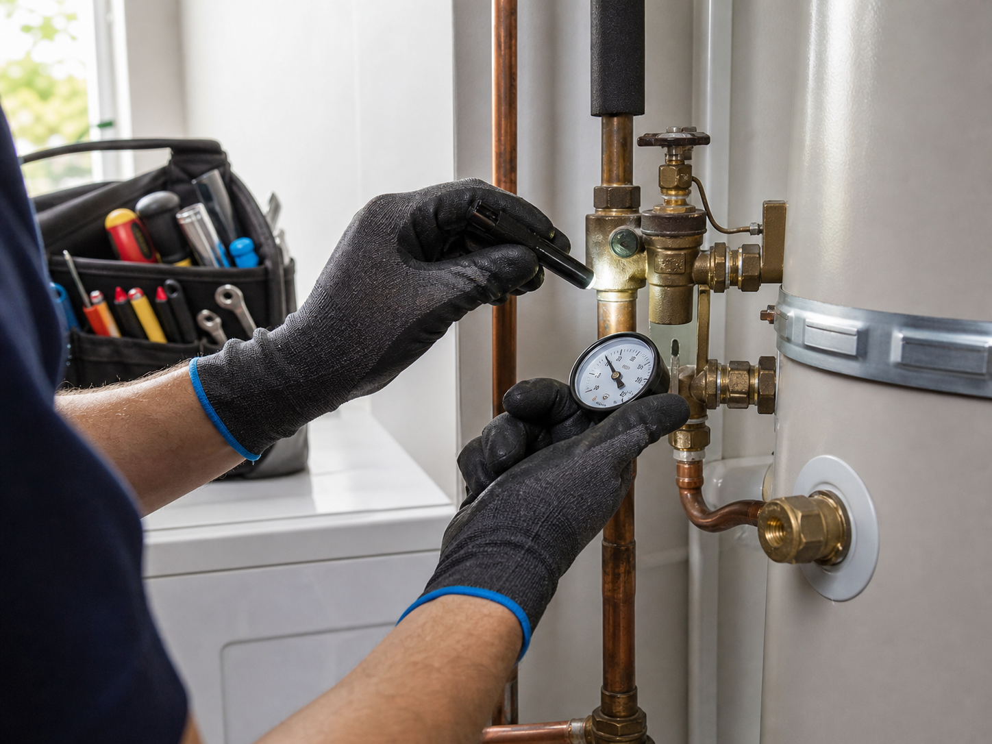 Licensed tradesperson checking hot water system pipework and valves during a winter maintenance inspection